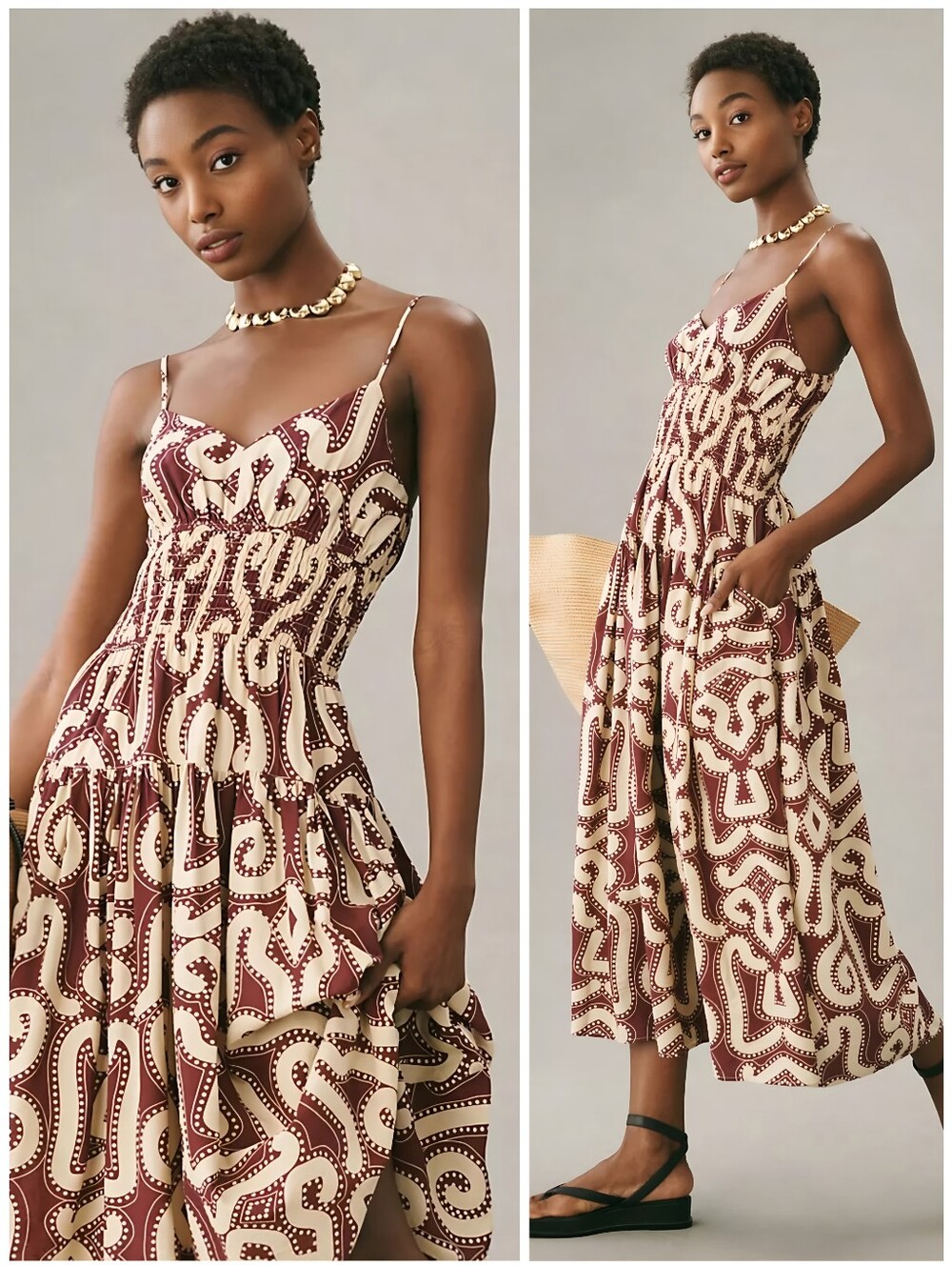 Anthro Moon River Smocked Waist Maroon Cream Patterned Dress, S